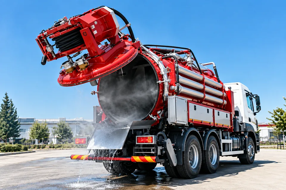 Kombine vidanjör aracında yüksek basınçlı su tahliyesi ve tank boşaltma işlemi